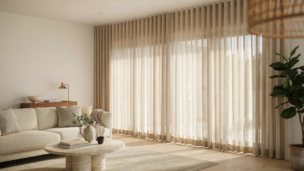 Smooth ripple fold curtain pleats forming even wave patterns across fabric panels creating a clean modern look ideal for large windows and contemporary interior spaces.