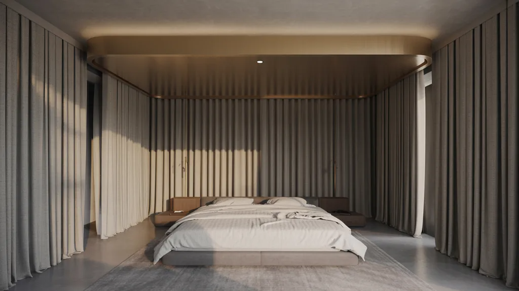 Ceiling-mounted curtain rod with best floor-length curtains behind bed.