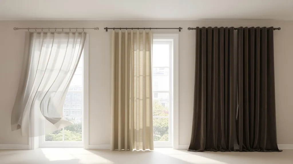 Comparison of three curtain rod diameters showing lightweight, standard, and heavy-duty rods matched with different curtain types.