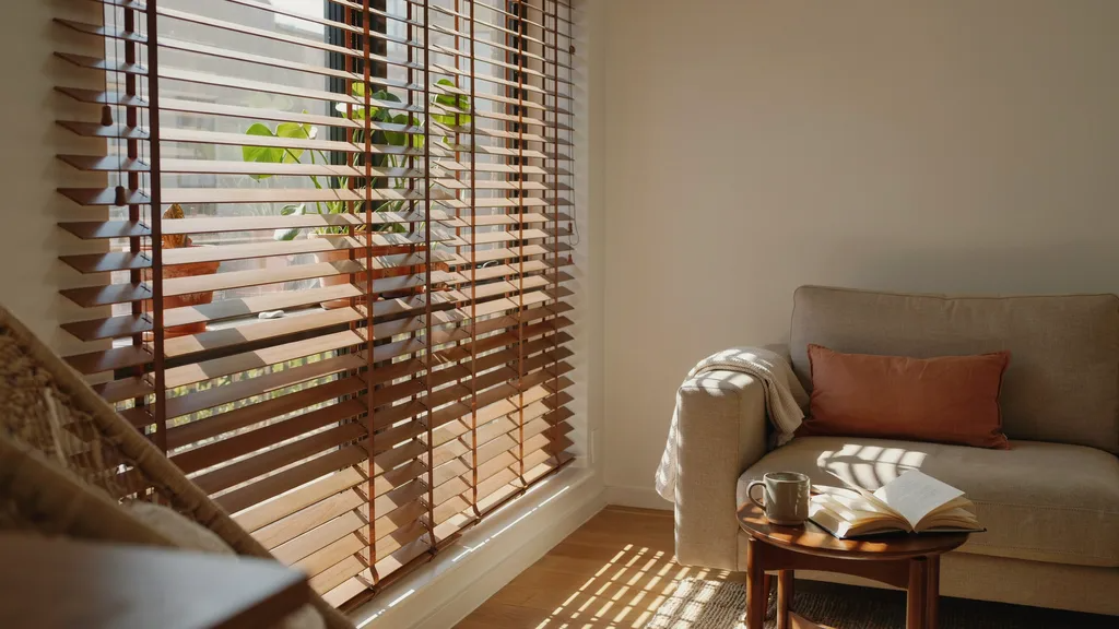 Venetian blinds with adjustable horizontal slats shown in a modern home interior, demonstrating light control, privacy options, and different material styles.
