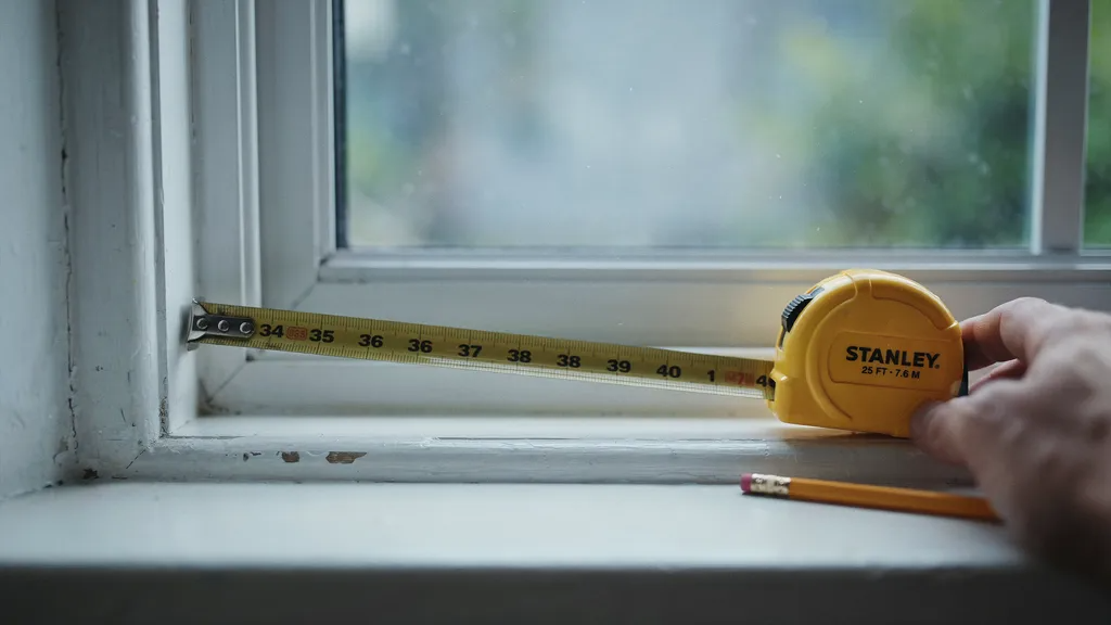 Measuring the width of a window for curtain installation.