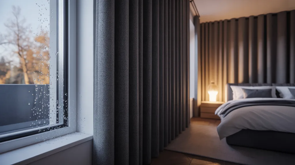 Cozy winter bedroom with properly fitted blackout curtains reducing drafts, showing warmth inside and cold outside contrast.