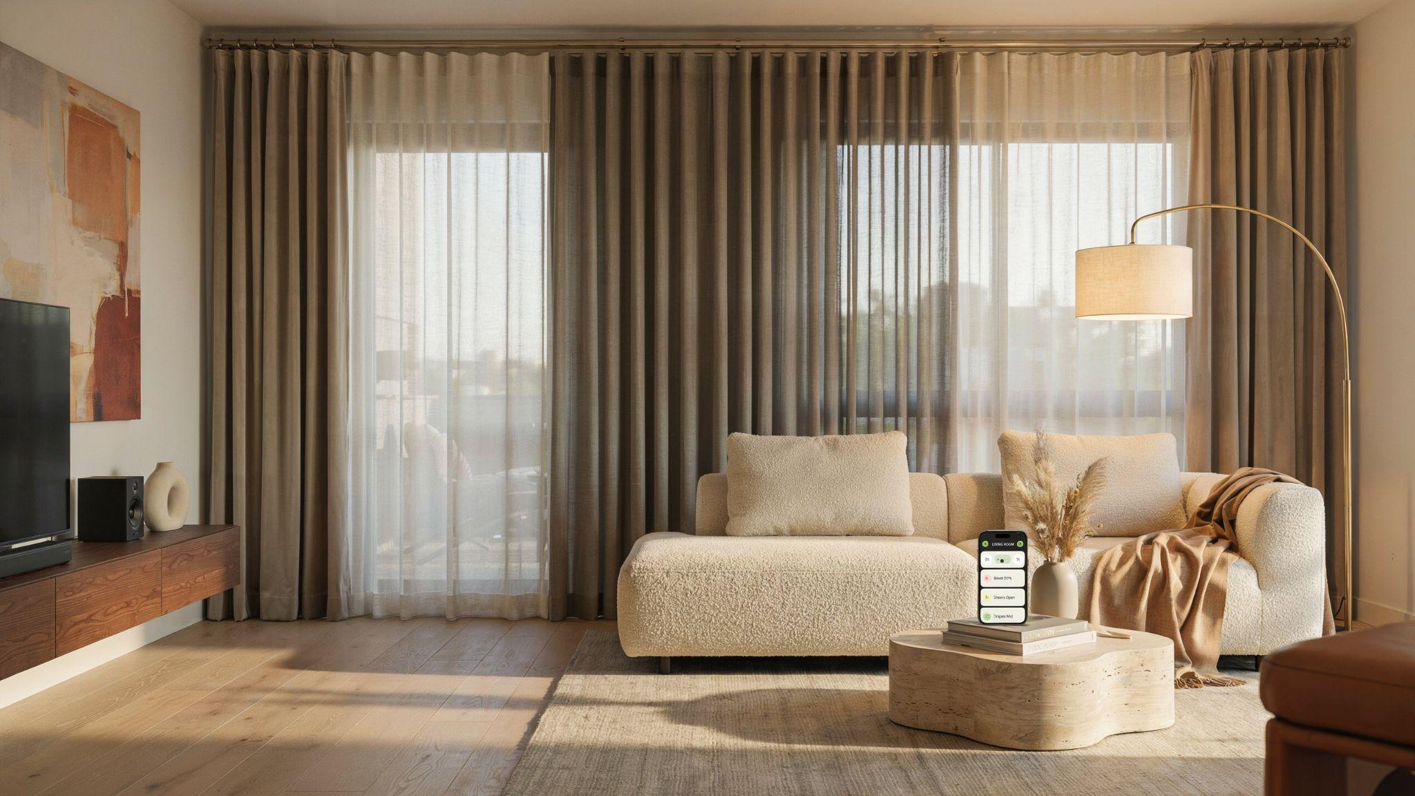 Custom curtains layered over motorized blinds.