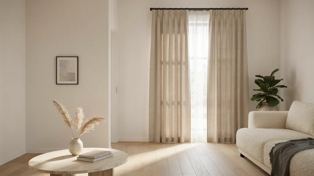 Back tab curtains with hidden loops creating a clean tailored appearance.