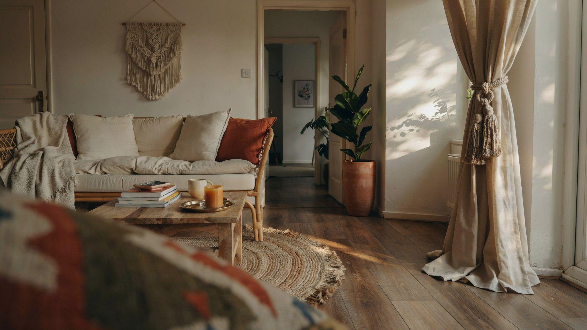 Sunlit boho living room with beige linen curtains gathered by a chunky DIY rope tie back with tassels.