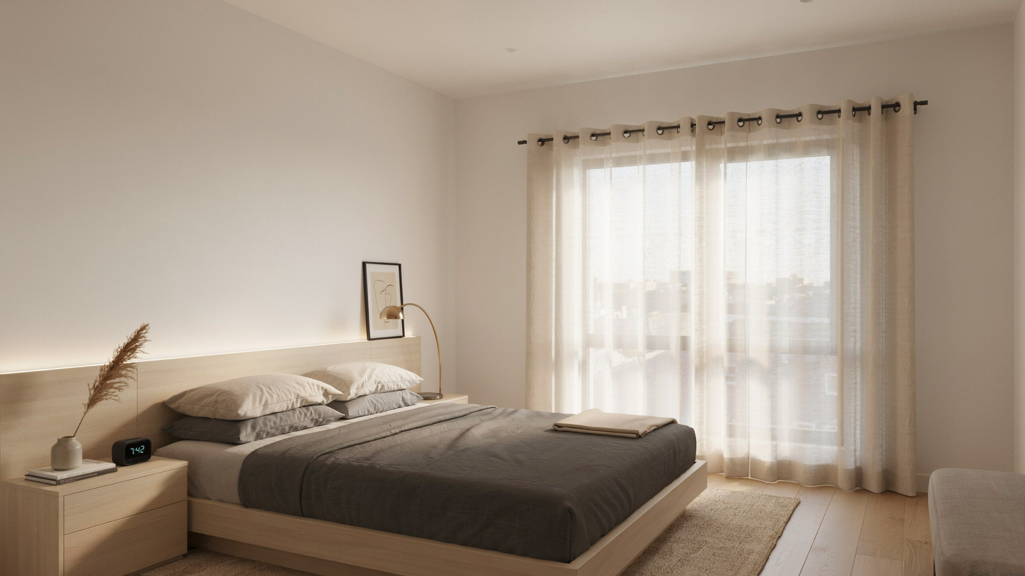 modern bedroom with grommet curtains sliding on rod in clean minimalist interior with bright natural lighting.