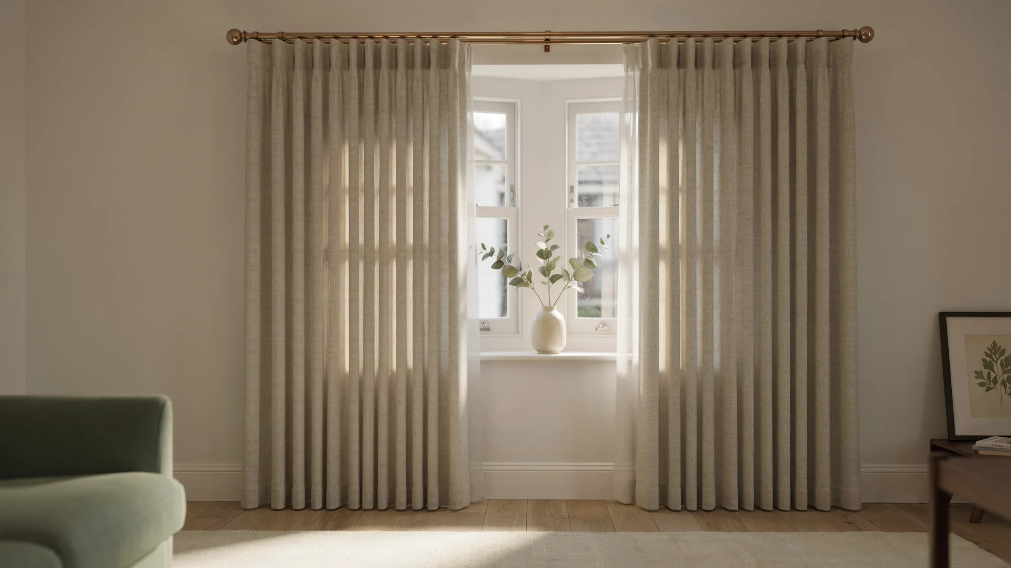 Pencil pleat curtains with tightly gathered folds creating a classic look.