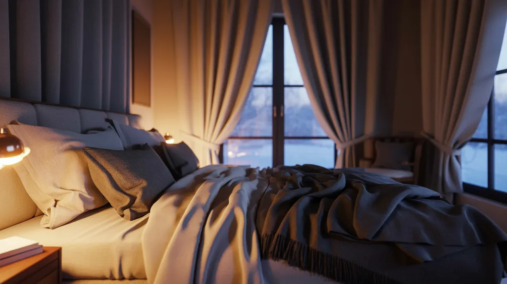 Bedroom with blackout curtains reducing cold sensation from window and improving comfort.
