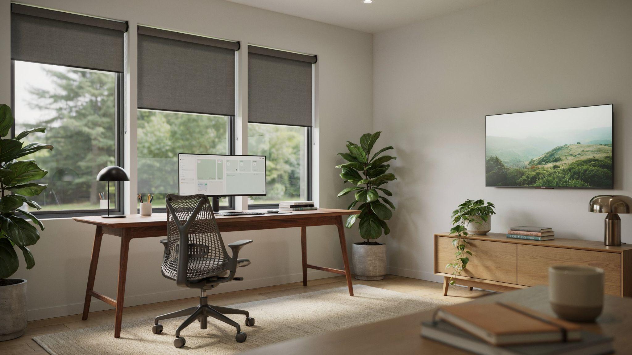 Tinted windows reducing glare on computer and television screens indoors.