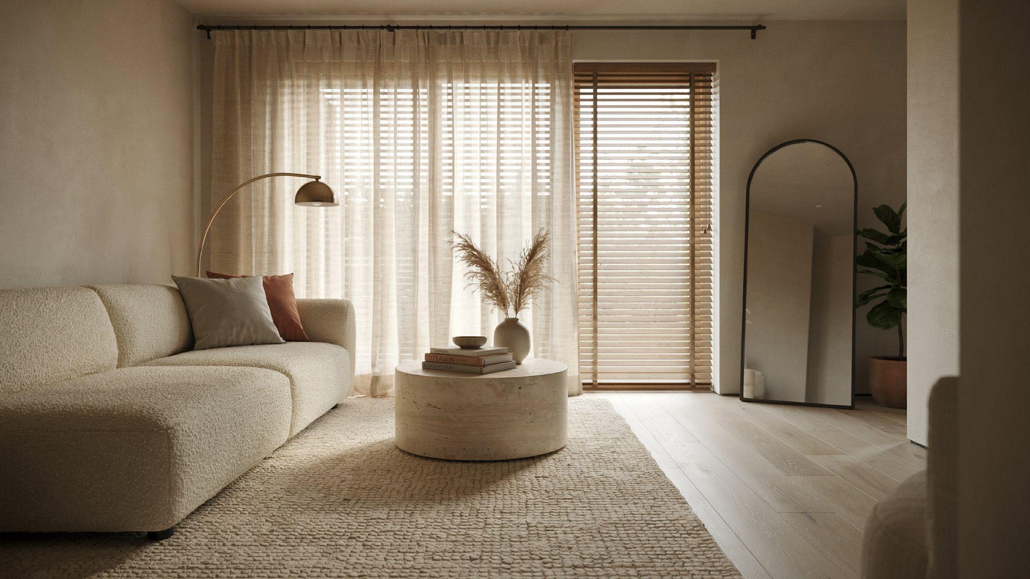 Curtains layered over blinds in a stylish modern living room.
