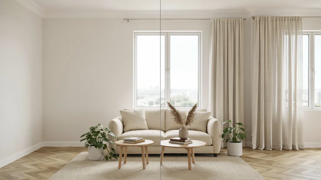 "Modern living room with 8-foot ceilings comparing short curtains and floor-length curtains showing impact on perceived room height and spaciousness."