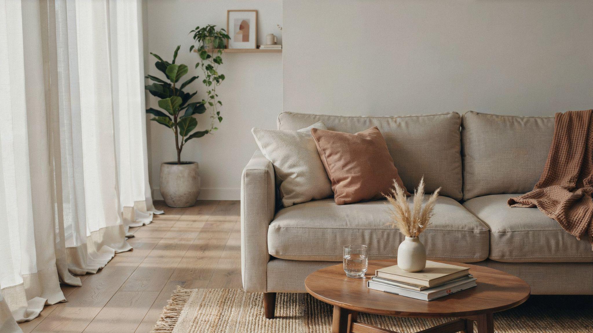 Light filtering curtains creating soft natural illumination inside a comfortable room