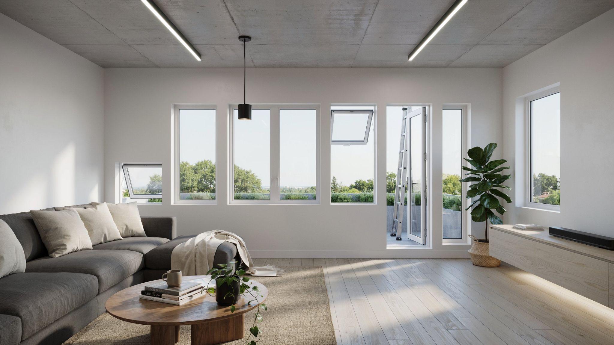 Modern basement showcasing multiple window styles with natural light and ventilation.