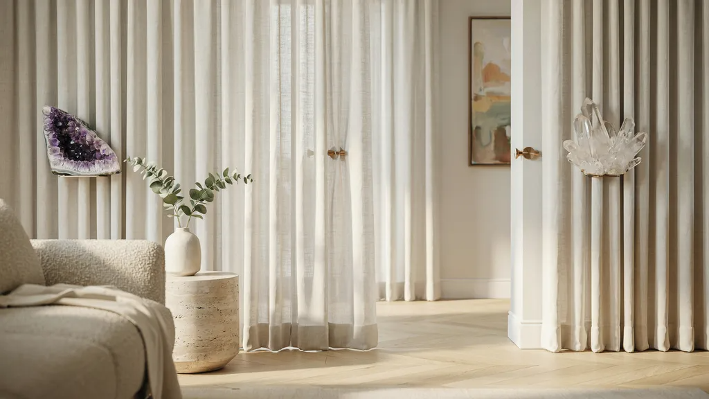 Crystal and geode curtain holdbacks in a luxury interior
