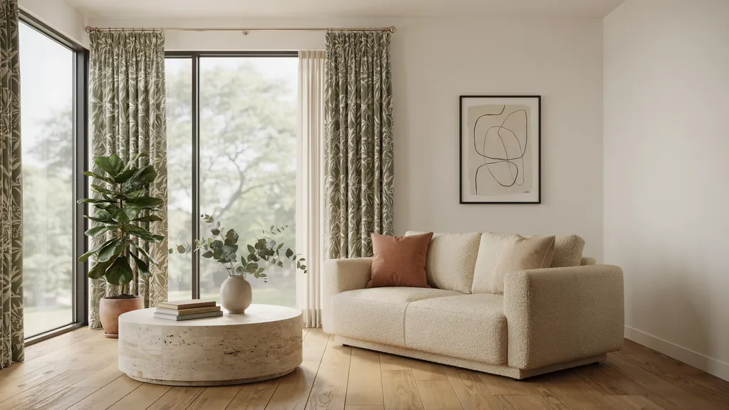 Patterned curtains over vertical blinds adding personality to a simple window setup.