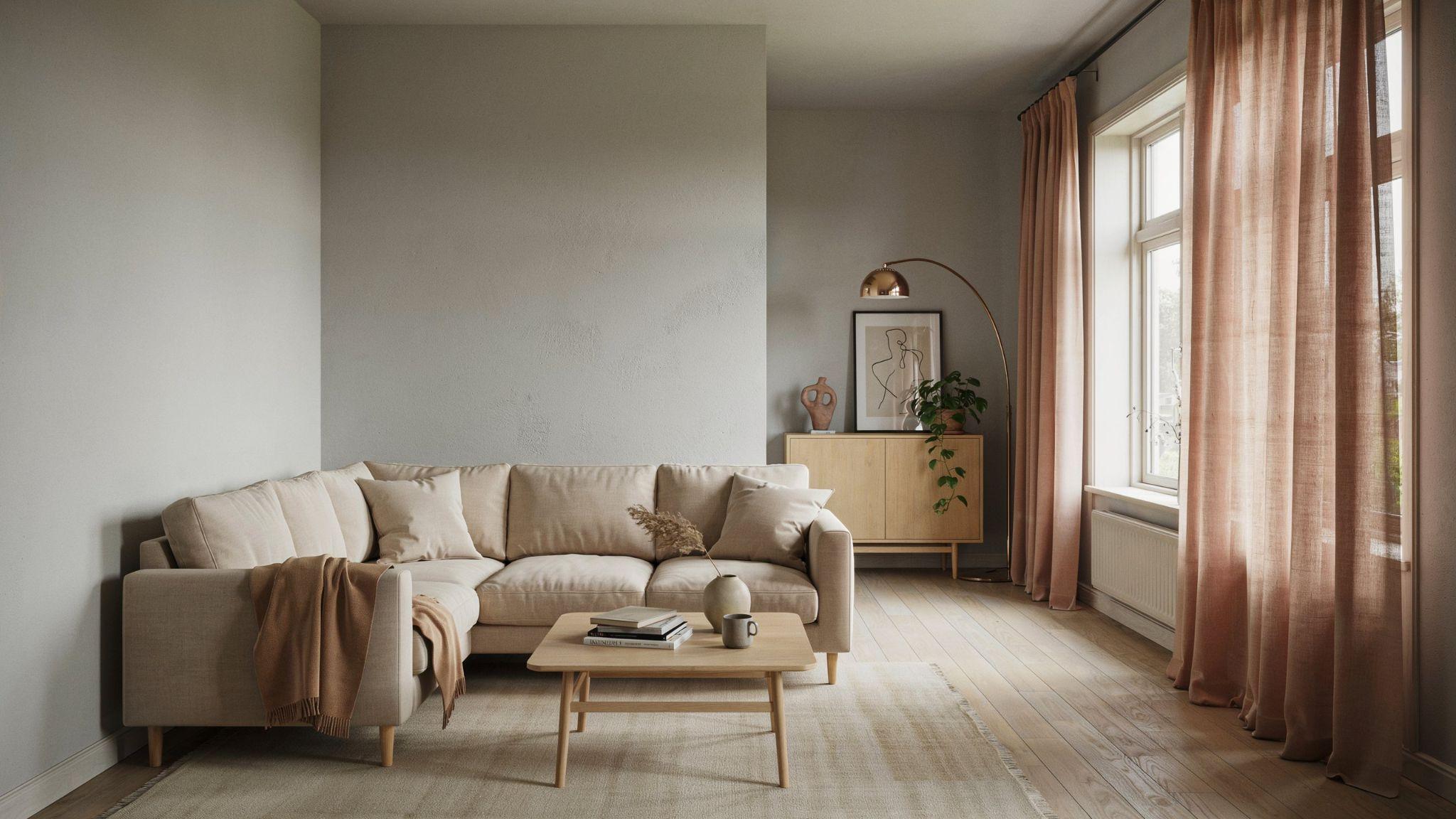 "Elegant gray living room with dusty rose curtains creating a muted warm and sophisticated interior tone"