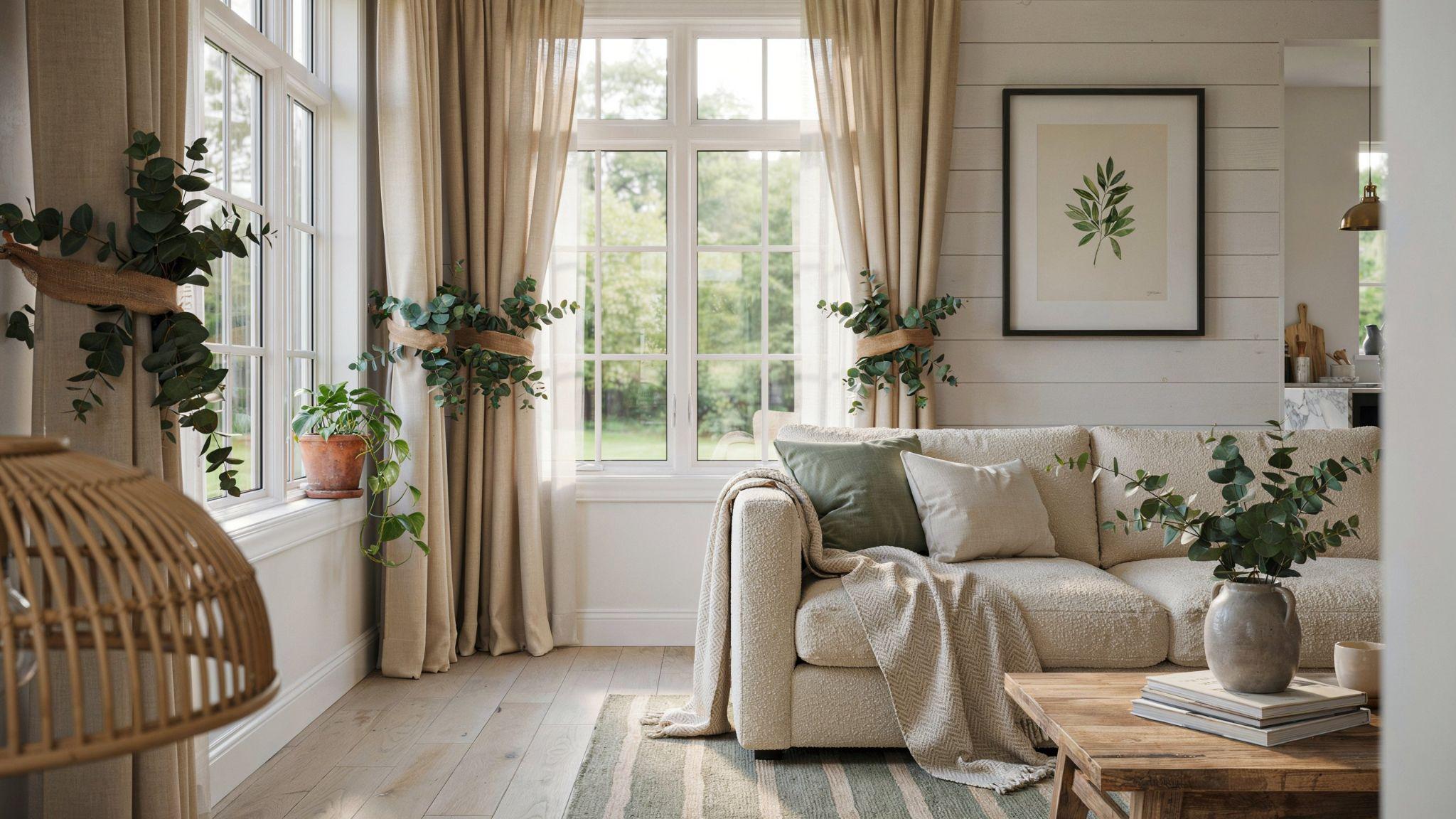 Sunlit living room with beige linen curtains held by DIY burlap tie backs adorned with fresh eucalyptus sprigs.