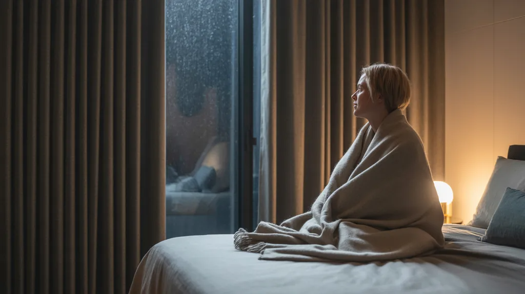 Cozy bedroom at night with blackout curtains drawn over a window, showing warmth inside contrasting with cold outside conditions.