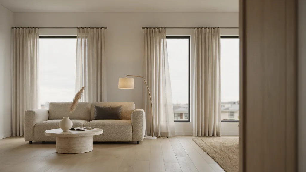 Ceiling-mounted curtains flowing seamlessly across three windows.