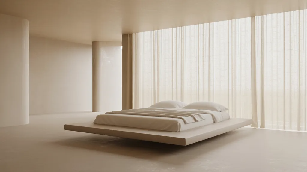 Floating bed with clean curtain backdrop in a modern minimalist bedroom.