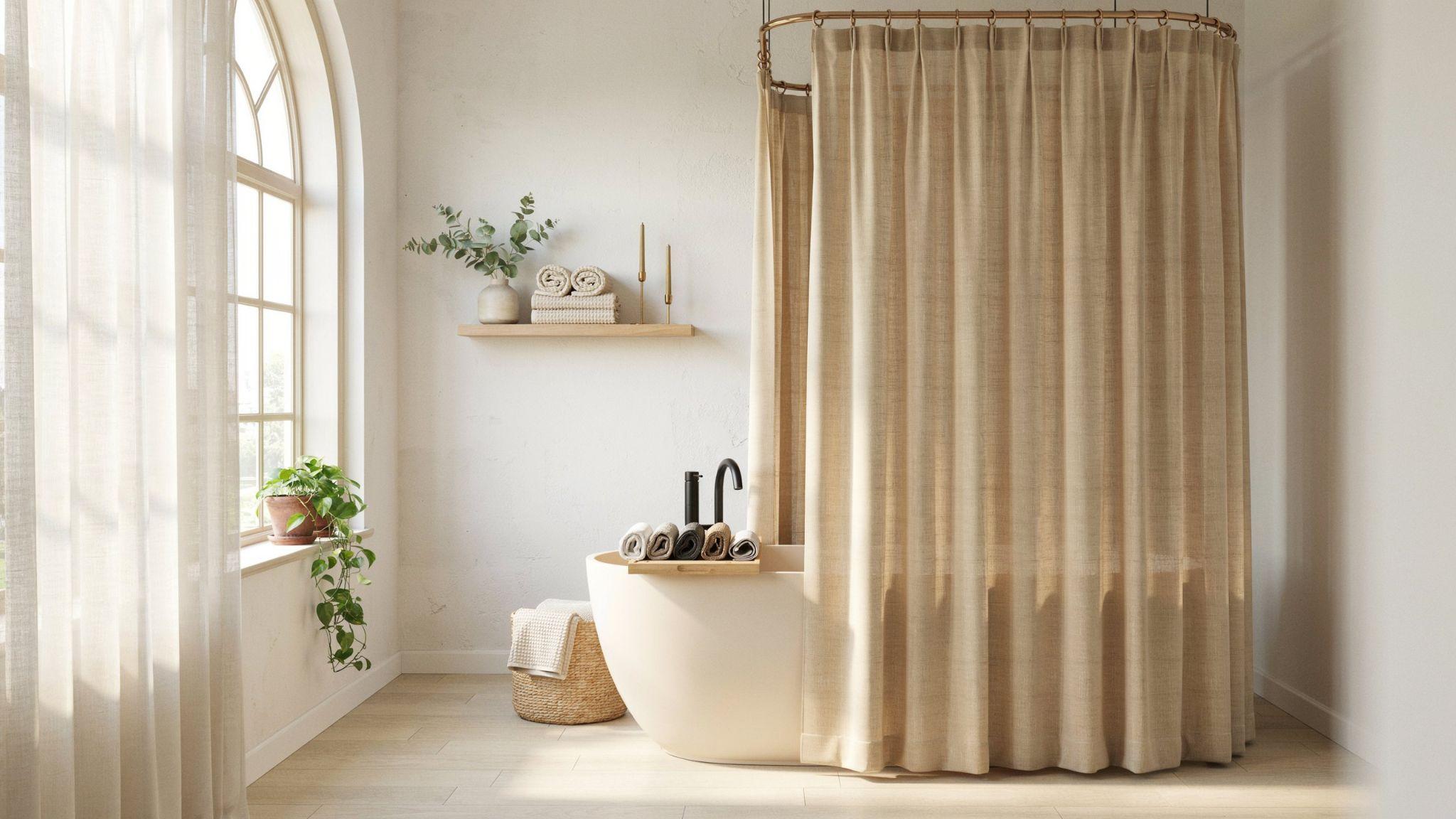 Decorative shower curtain in modern bathroom highlighting style, fabric textures, and classy design.