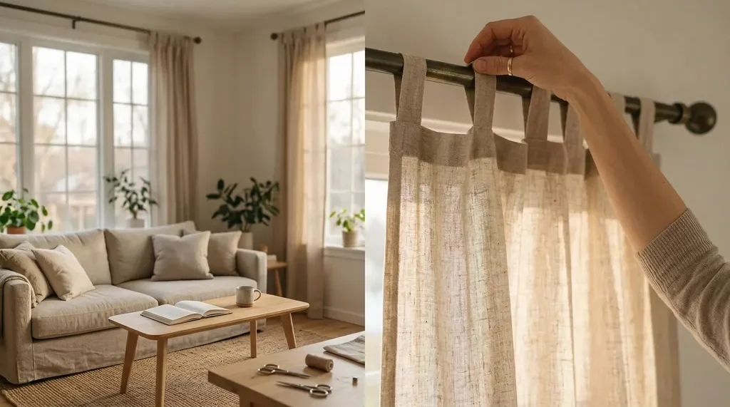 Hanging finished handmade curtains and adjusting them for an even appearance.