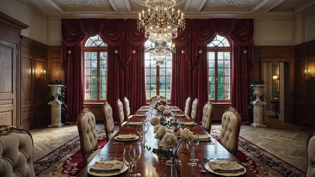 Goblet pleat curtains with decorative goblet-shaped folds in a luxury dining room.