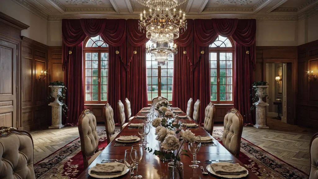 Goblet pleat curtains with decorative goblet-shaped folds in a luxury dining room.