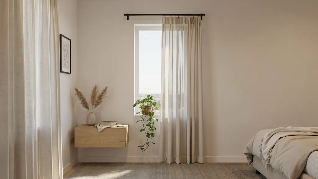 small narrow window with wider and higher curtain rod placement making window appear larger in modern bright interior.