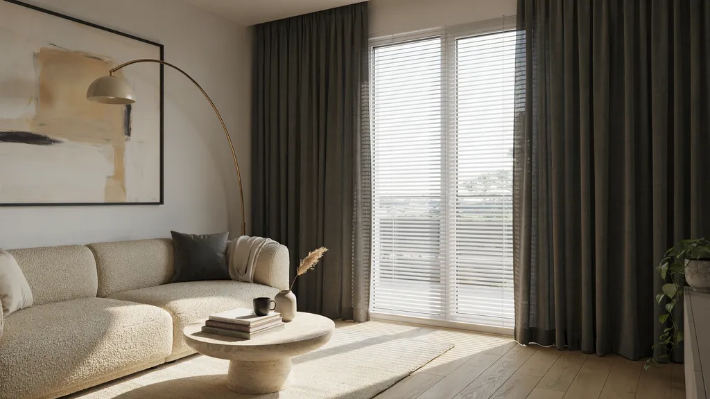 Dark curtains with light blinds creating a bold contrast interior design