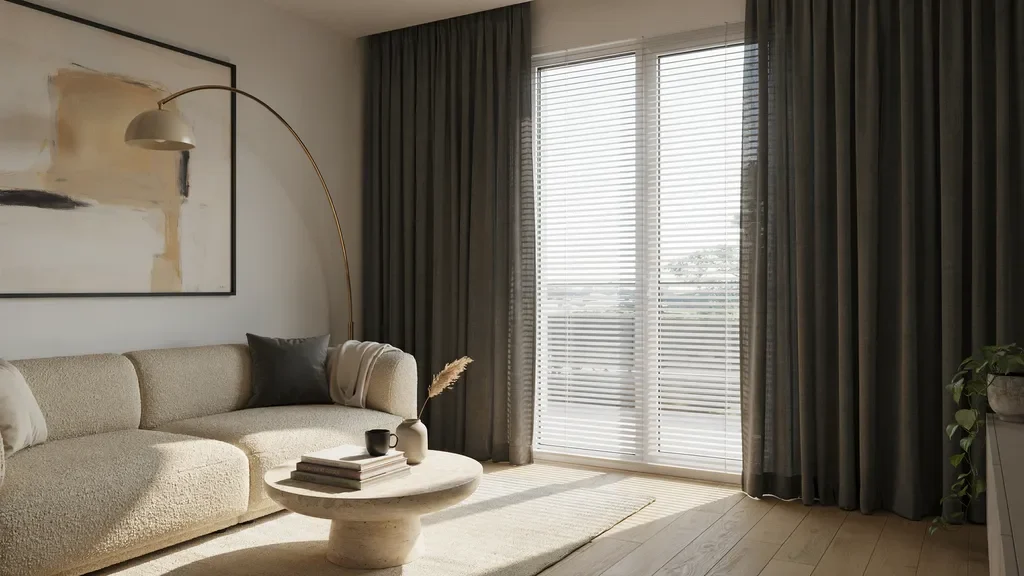 Dark curtains with light blinds creating a bold contrast interior design