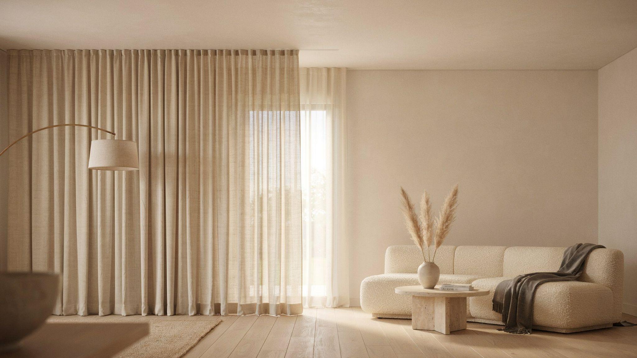 Concealed curtain rod creating floating curtain effect in sleek minimalist modern interior space