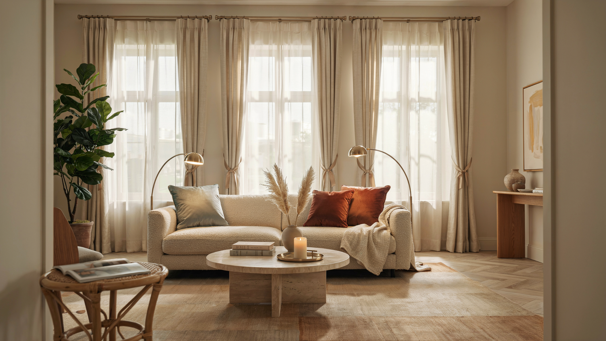 Living room with three side-by-side windows styled with elegant curtains that create a cohesive, bright, and sophisticated interior design.