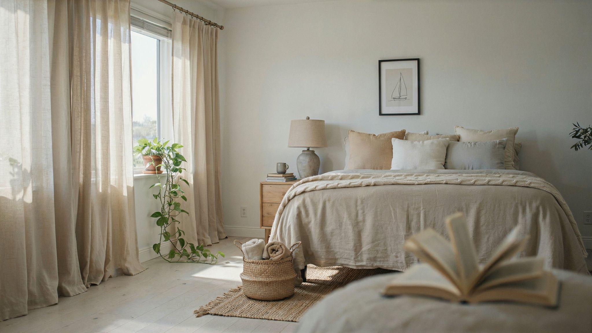 Linen drapes paired with roller blinds in a cozy bedroom.