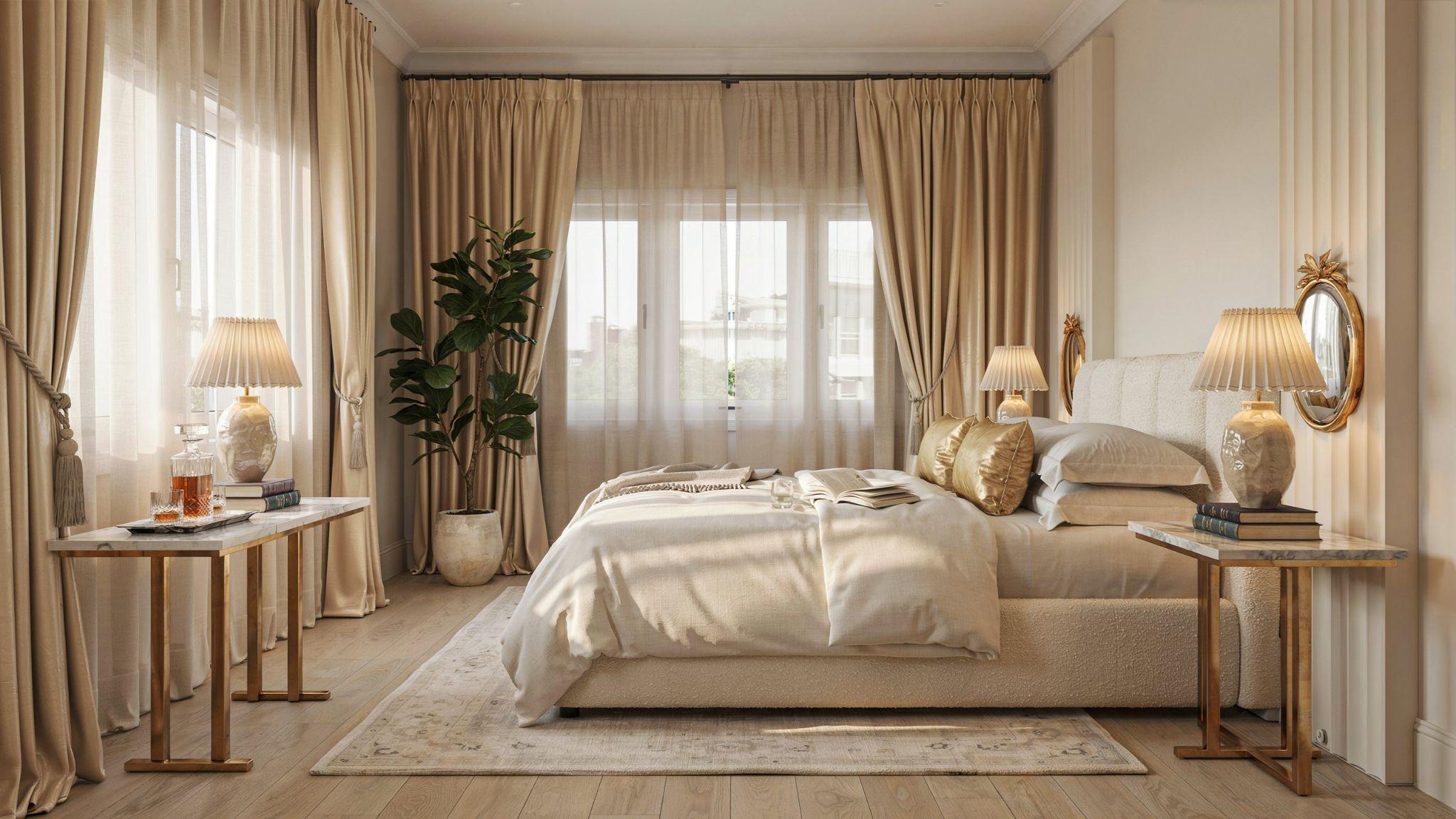 Gold accent curtains paired with neutral blinds.