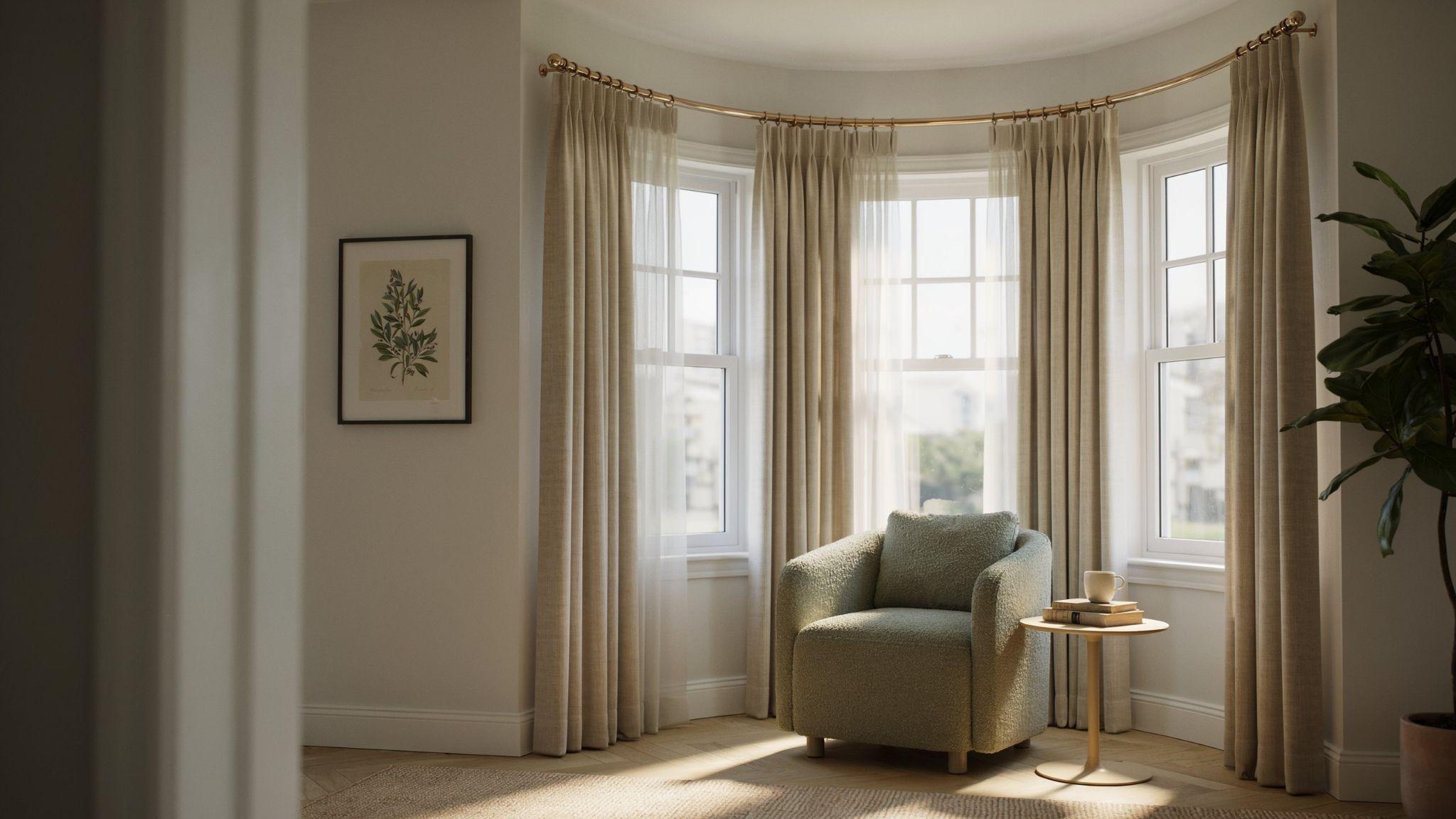 Bay window with custom curved curtain rod following angled wall sections.
