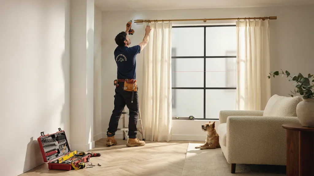 Professional installing curtain hardware above a window.
