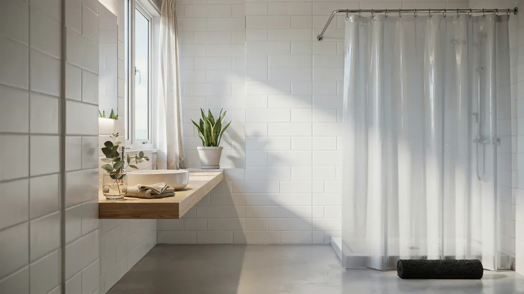modern bathroom showing clean PEVA shower curtain with frosted waterproof texture in bright hygienic spa like interior setting.