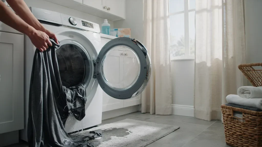 Removing blackout curtains from the washing machine after washing.