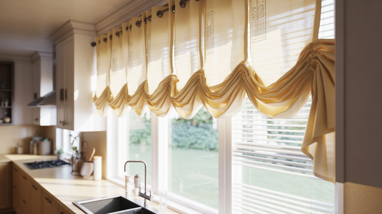 "Modern kitchen with a decorative valance curtain covering the top of the window and blinds underneath for a finished look."
