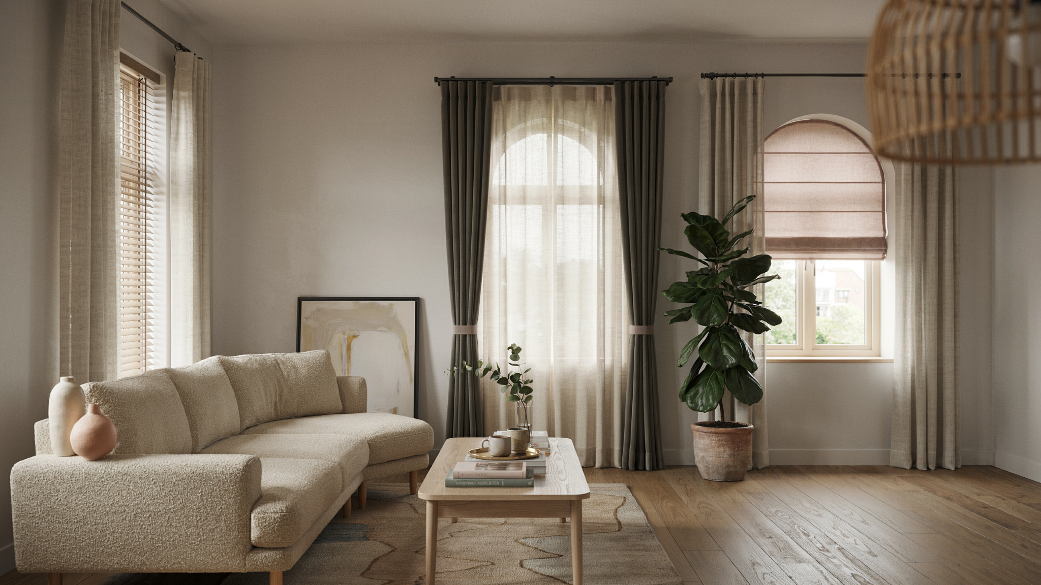 Stylish living room showcasing multiple blinds and curtains together ideas with layered window treatments and modern home decor
