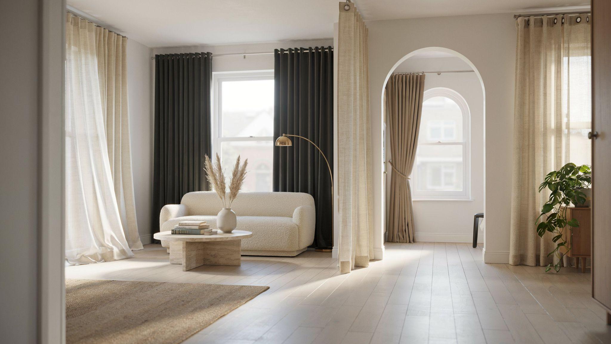 Various stylish window curtain types displayed in elegant modern home interiors
