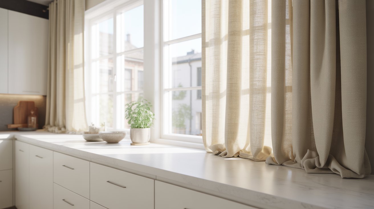 "Modern kitchen with sill-length curtains ending at the window sill for a clean and practical window treatment."