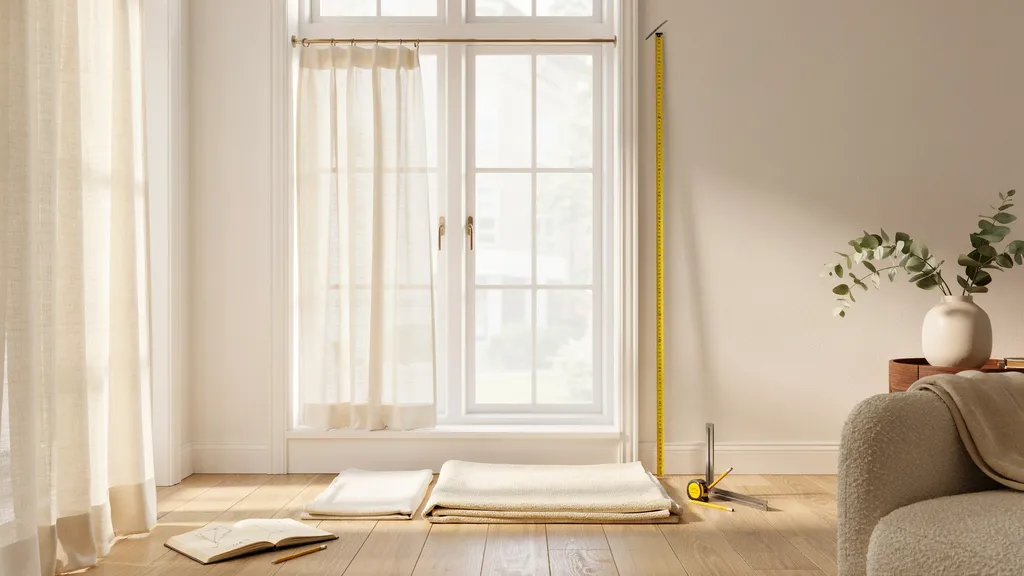 measuring process for curtain length showing tape measure and window setup for correct sizing in modern interior.