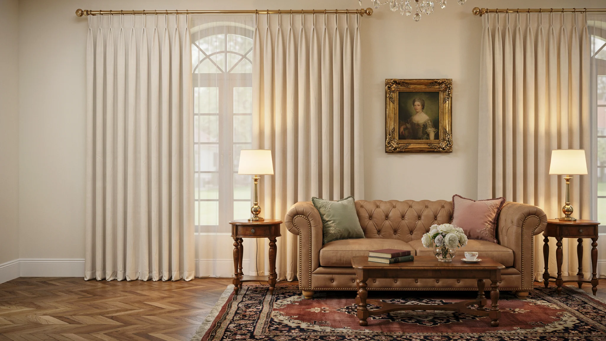 Pinch pleat curtains with structured elegant folds in a formal living room.