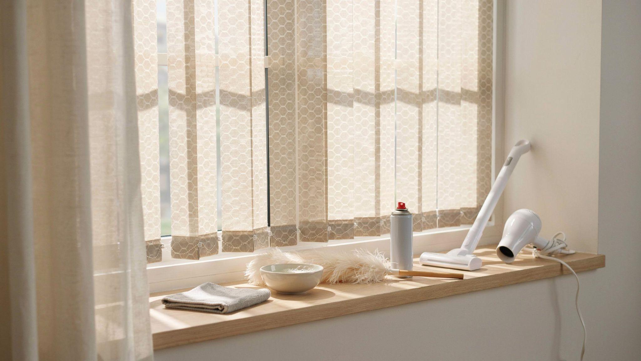 Cleaning tools for honeycomb blinds including microfiber cloth vacuum brush and compressed air