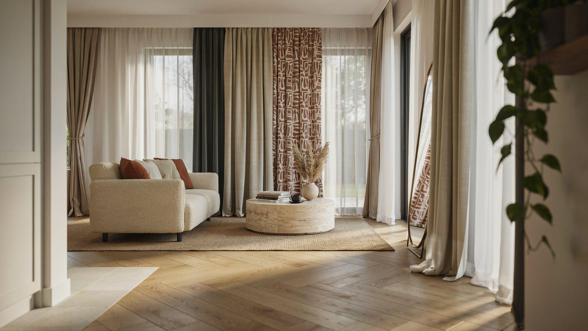 Four stylish layered curtain combinations featuring sheers, drapes, blackout panels, and modern designs