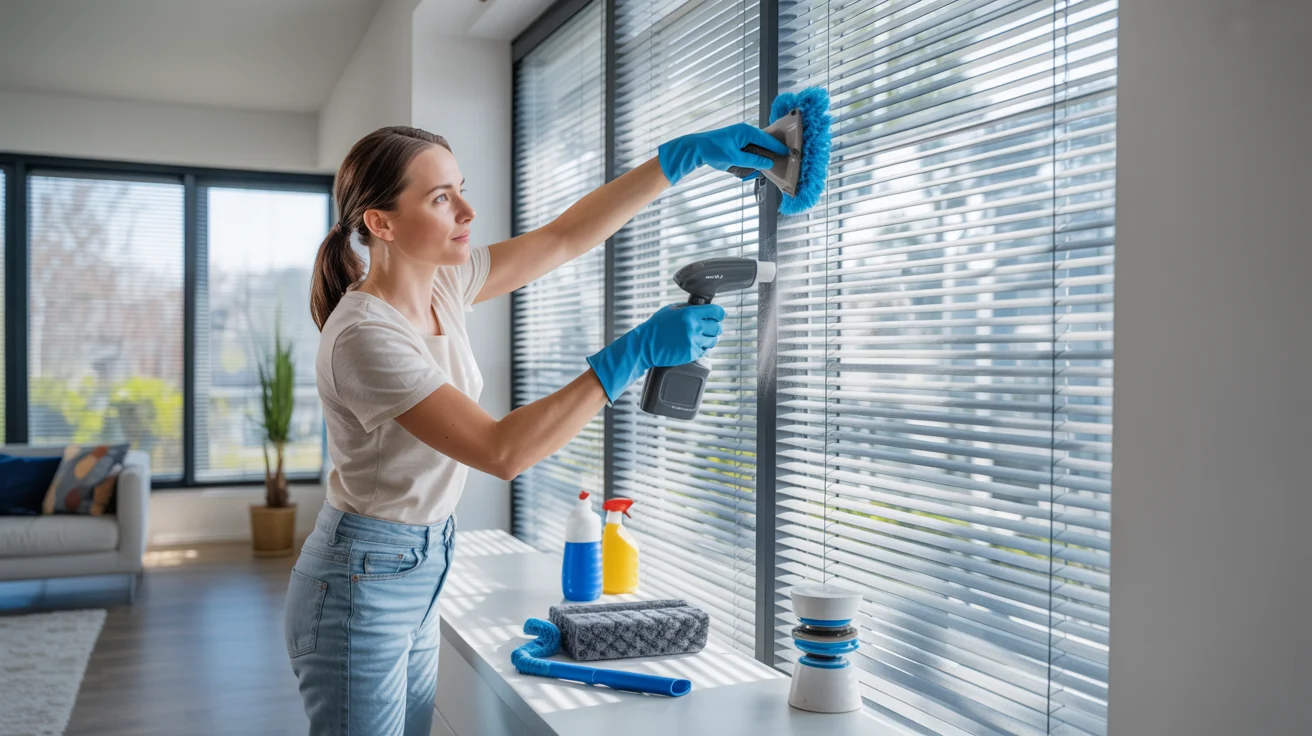 Homeowner safely cleaning honeycomb blinds with gentle tools in bright modern interior