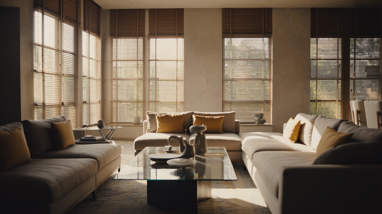 "Closed window blinds in a modern living room demonstrating proper light control and privacy."