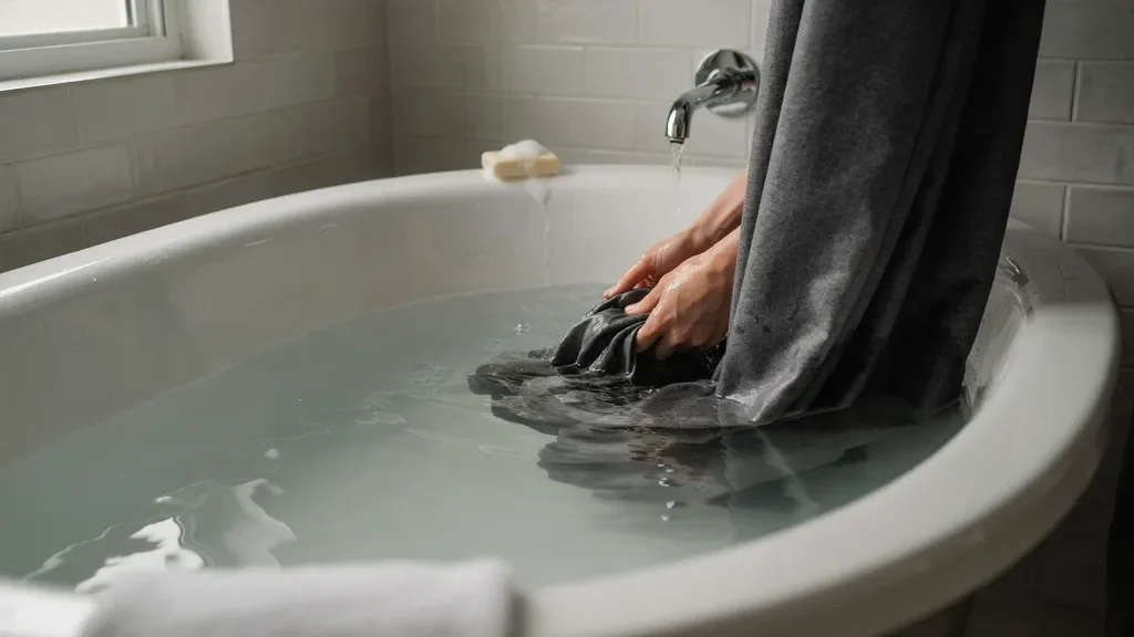 Gently agitating blackout curtain fabric during hand washing.